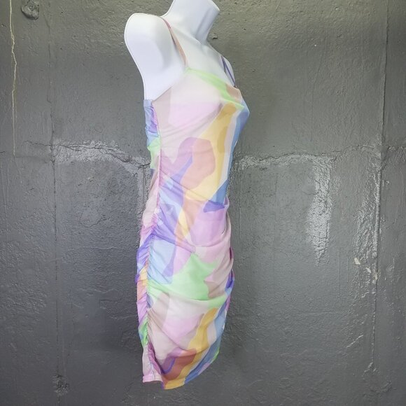 Nasty Gal Bodycon Dress 2 XS Mini Mesh Abstract Pastel Print Strappy Stretch NEW - Picture 5 of 16